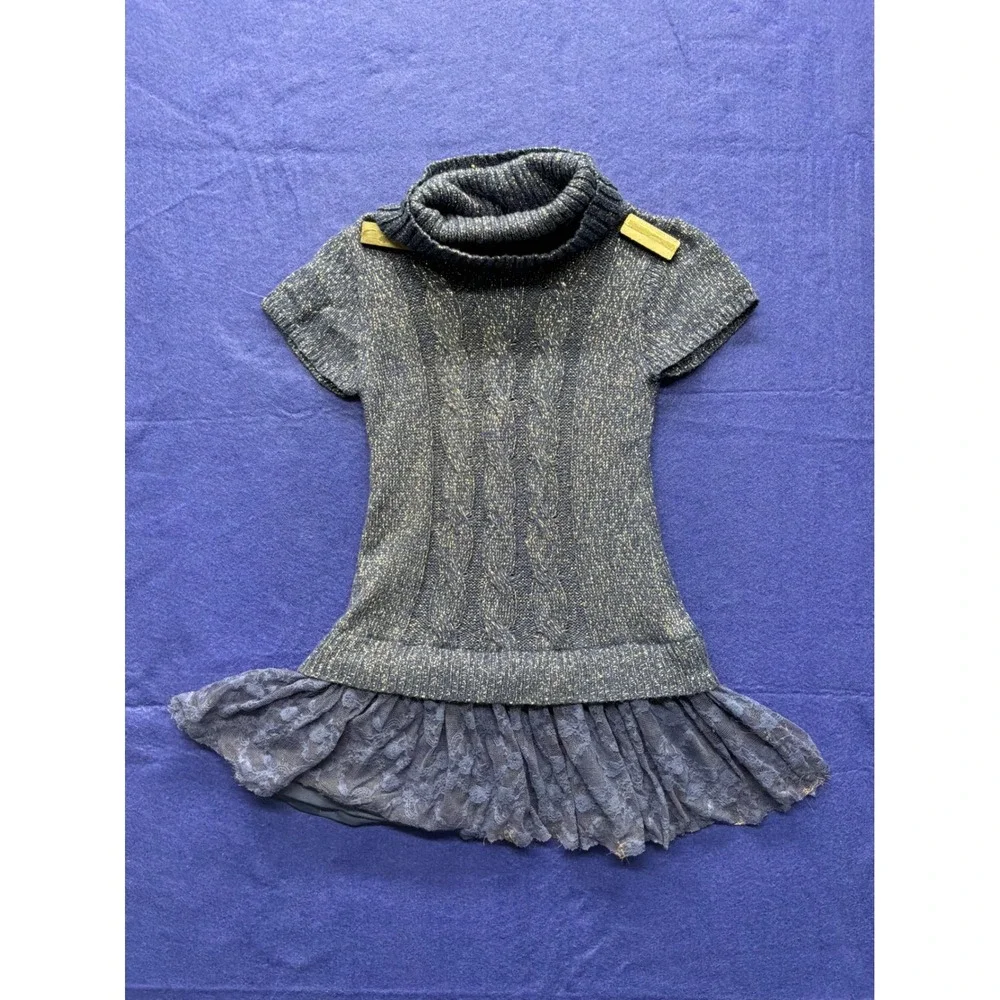 Self Esteem Sweater Dress Kids XS (4/5) Blue Gold Metallic Lace Cowl Neck‎